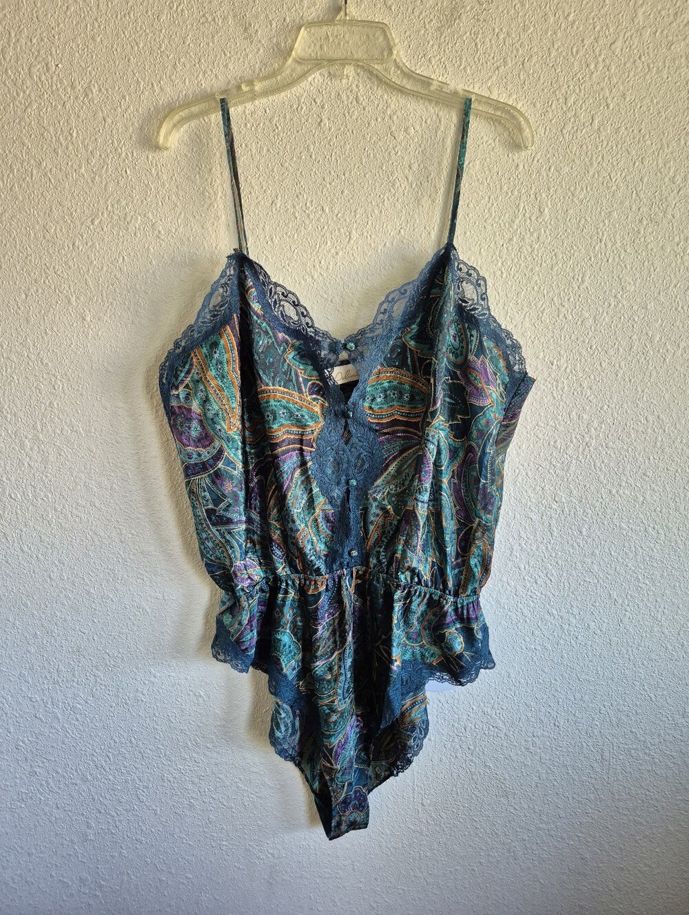 Vintage Delicates Paisley Floral Satin And Lace Teddy Body Suit Lingerie Size 2X